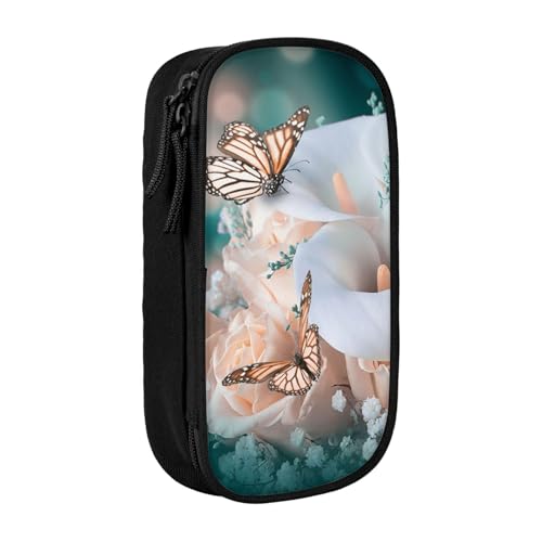 AMINNU Blume und Schmetterling Federmäppchen, Multifunktionales Federmäppchen, Schülermäppchen, mit Reißverschluss, geeignet für Schulen und Büros, Unisex, Schwarz , Einheitsgröße, Kosmetiktasche von AMINNU