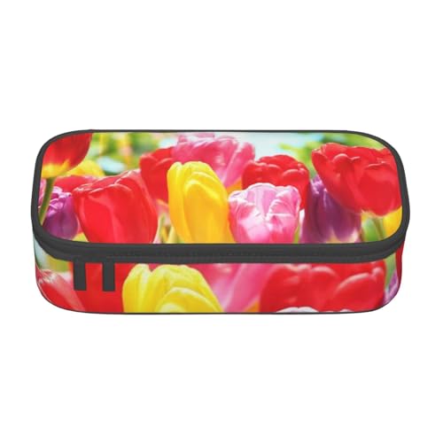 AMINNU Bunte Tulpen Große Kapazität Federmäppchen Multifunktionales Federmäppchen Federmäppchen für Teenager mit Reißverschluss Geeignet für Schulen und Büros., Schwarz , Einheitsgröße, Kosmetiktasche von AMINNU