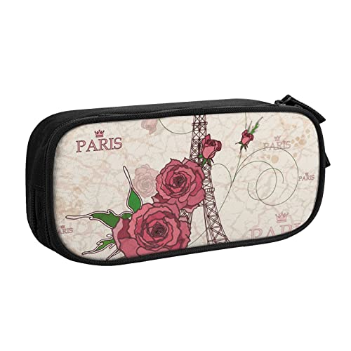AMINNU Eiffelturm Rose Blume Federmäppchen, Multifunktionales Federmäppchen, Schülermäppchen, mit Reißverschluss, geeignet für Schulen und Büros, Unisex, Schwarz , Einheitsgröße, Kosmetiktasche von AMINNU