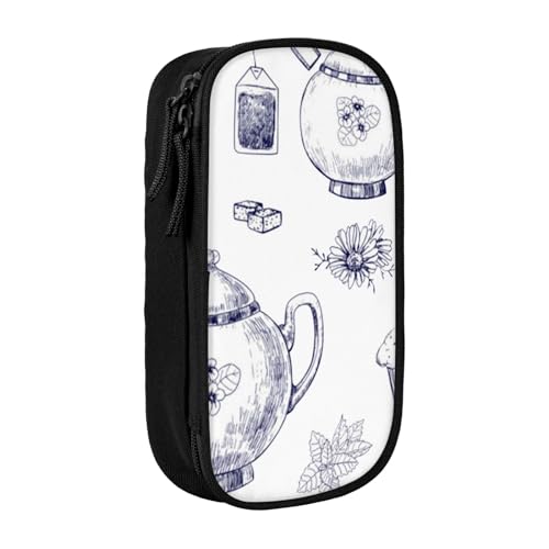 AMINNU Handgezeichnete Teekannen und Tassen Federmäppchen, Multifunktionales Federmäppchen, Schüler-Federmäppchen, mit Reißverschluss, geeignet für Schulen und Büros, Unisex, Schwarz , Einheitsgröße, von AMINNU