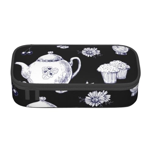 AMINNU Handgezeichnete Teekannen und Tassen Große Kapazität Federmäppchen, Multifunktionales Federmäppchen, Federmäppchen für Teenager, mit Reißverschluss, Geeignet für Schulen und Büros., Schwarz , von AMINNU
