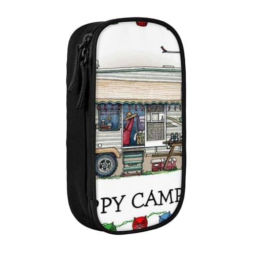 AMINNU Happy Camper Federmäppchen, Multifunktionales Federmäppchen, Schülermäppchen, mit Reißverschluss, geeignet für Schulen und Büros, Unisex, Schwarz , Einheitsgröße, Kosmetiktasche von AMINNU