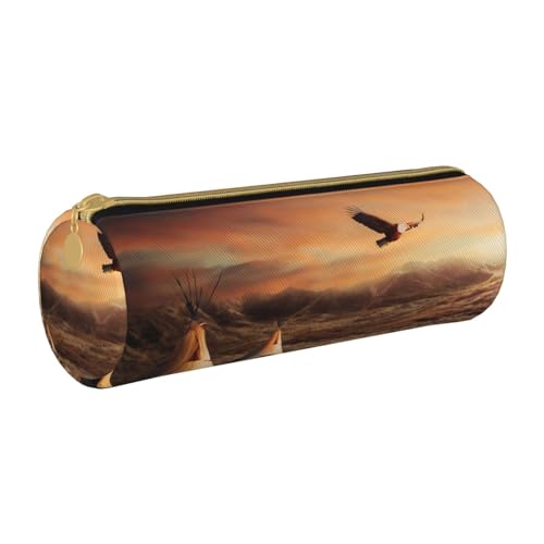 AMINNU Indianerstämme Zylinder-Federmäppchen, strapazierfähiges Federmäppchen, Schüler-Federmäppchen, Reißverschluss-Federmäppchen, geeignet für Schulen und Büros, Unisex, weiß, Einheitsgröße, von AMINNU