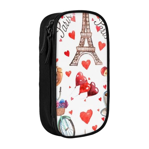 AMINNU Love Paris Tower Fahrrad Herz Federmäppchen, Multifunktionales Federmäppchen, Schülermäppchen, mit Reißverschluss, geeignet für Schulen und Büros, Unisex, Schwarz , Einheitsgröße, von AMINNU
