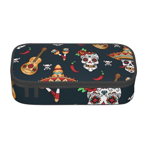 AMINNU Mexikanischer Totenkopf Große Kapazität Federmäppchen Multifunktional Federmäppchen Mäppchen für Teenager mit Reißverschluss Geeignet für Schulen und Büros, Schwarz , Einheitsgröße, von AMINNU