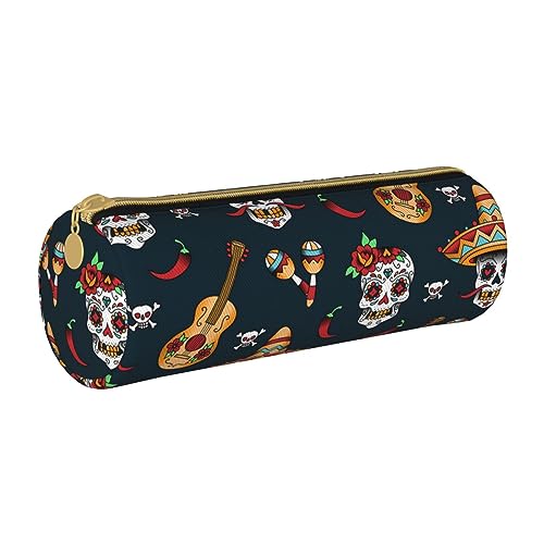 AMINNU Mexikanischer Totenkopf-Zylinder-Federmäppchen, langlebiges Federmäppchen, Schüler-Federmäppchen, Reißverschluss-Federmäppchen, geeignet für Schulen und Büros, Unisex, weiß, Einheitsgröße, von AMINNU