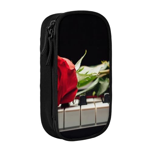 AMINNU Rote Rose auf Klavier Federmäppchen, Multifunktionales Federmäppchen, Schüler-Federmäppchen, mit Reißverschluss, geeignet für Schulen und Büros, Unisex, Schwarz , Einheitsgröße, Kosmetiktasche von AMINNU