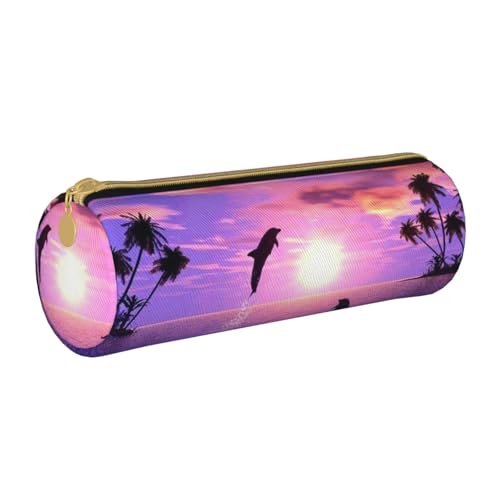 AMINNU Sunset Dolphins Zylinder-Federmäppchen, strapazierfähiges Federmäppchen, Schüler-Federmäppchen, Reißverschluss-Federmäppchen, geeignet für Schulen und Büros, Unisex, weiß, Einheitsgröße, von AMINNU