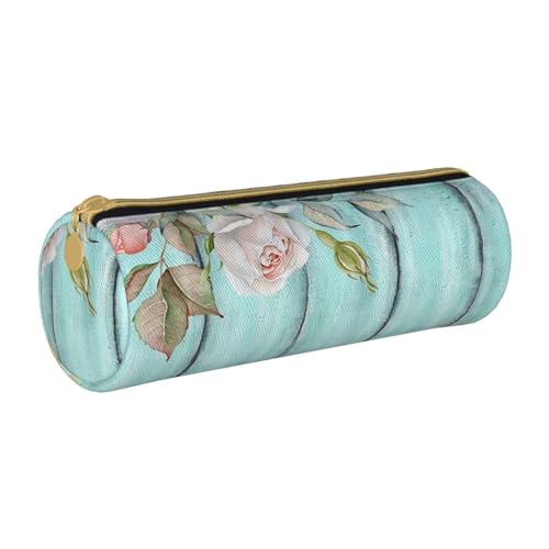 AMINNU Teal Barn Door Floral Cylinder Pencil Case Durable Pencil Case Student Pencil Case Zipper Pencil Case Suitable for Schools and Offices, Unisex, weiß, Einheitsgröße, Kosmetiktasche von AMINNU