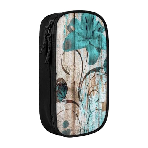 AMINNU Teal Flower On Wooden Plank Pencil Case, Multifunctional Pencil Case, Student Pencil Case, with Zipper Suitable for Schools and Offices, Unisex, Schwarz , Einheitsgröße, Kosmetiktasche von AMINNU
