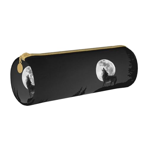 AMINNU Wolf Nacht Mond Zylinder-Federmäppchen, strapazierfähiges Federmäppchen, Schüler-Federmäppchen, Reißverschluss-Federmäppchen, geeignet für Schulen und Büros, Unisex, weiß, Einheitsgröße, von AMINNU