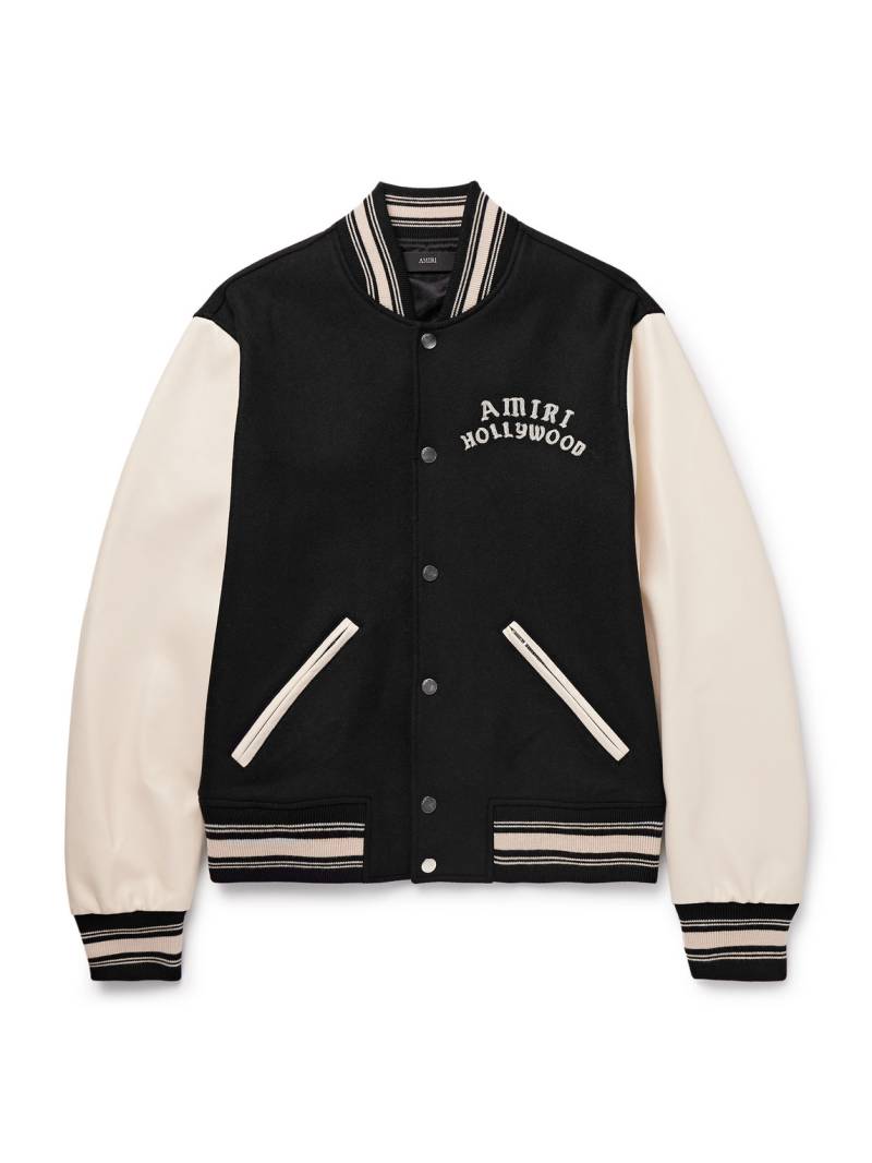 AMIRI - Hollywood Logo-Embroidered Leather and Wool-Blend Flannel Varsity Jacket - Men - Black - M von AMIRI