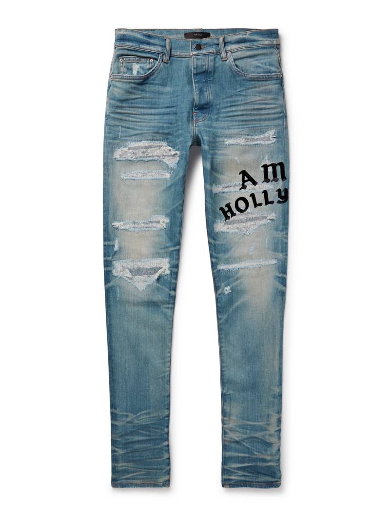 AMIRI - Hollywood Skinny-Fit Logo-Flocked Distressed Jeans - Men - Blue - UK/US 34 von AMIRI