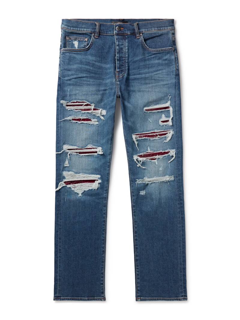 AMIRI - Thrasher Slim-Fit Distressed Croc-Effect Leather-Trimmed Panelled Jeans - Men - Blue - UK/US 33 von AMIRI