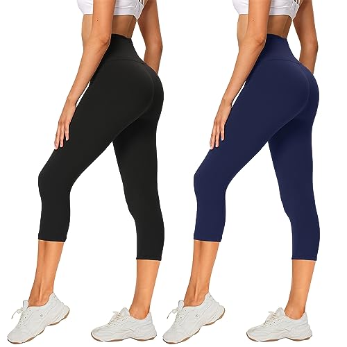 AMIYOYO 2er Pack Leggings Damen 3/4 High Waist Capri Leggins Blickdicht Kurze Sporthose Elastische Bauchweg Hosen für Yoga Fitness Outdoor&Freizeit(Schwarz+Dunkelblau,L-XL=DE42-48) von AMIYOYO