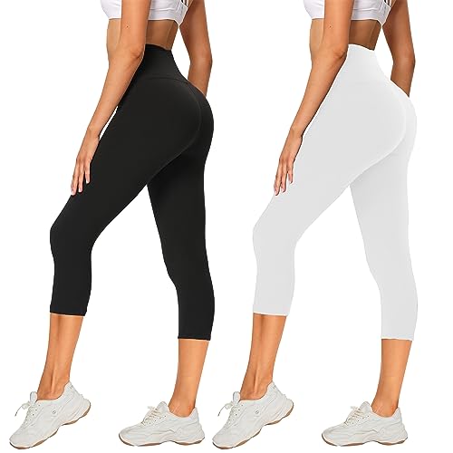 AMIYOYO 2er Pack Leggings Damen 3/4 High Waist Capri Leggins Blickdicht Kurze Sporthose Elastische Bauchweg Hosen für Yoga Fitness Outdoor&Freizeit(Schwarz+Weiß,XXL=DE50-54) von AMIYOYO