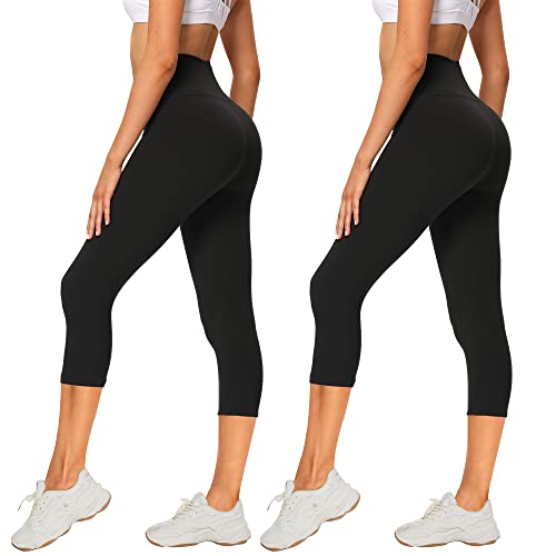 AMIYOYO 2er Pack Leggings Damen 3/4 High Waist Capri Leggins Blickdicht Kurze Sporthose Elastische Bauchweg Hosen für Yoga Fitness Outdoor&Freizeit(Schwarz*2,S-M=DE34-40) von AMIYOYO