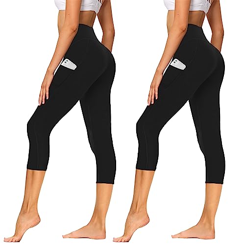 AMIYOYO 2er Pack Leggings Damen 3/4 High Waist Capri Leggins Blickdicht Kurze Sporthose Elastische Bauchweg Hosen für Yoga Fitness Outdoor&Freizeit von AMIYOYO