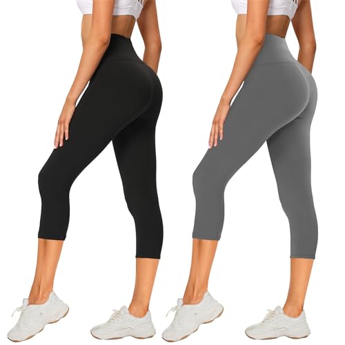 AMIYOYO 2er Pack Leggings Damen 3/4 High Waist Capri Leggins Blickdicht Kurze Sporthose Elastische Bauchweg Hosen für Yoga Fitness Outdoor&Freizeit von AMIYOYO