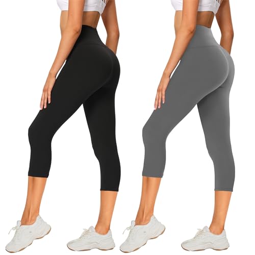 AMIYOYO 2er Pack Leggings Damen 3/4 High Waist Capri Leggins Blickdicht Kurze Sporthose Elastische Bauchweg Hosen für Yoga Fitness Outdoor Freizeit von AMIYOYO