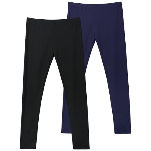 AMIYOYO 2er Pack Mädchen Leggings High Waist Lang Sportsleggins Weiche Sport Leggings Elastisch Fitness Hose Bequem Tanzhose Basic für Kinder(Schwarz+Dunkelblau,L) von AMIYOYO