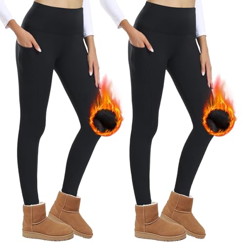 AMIYOYO 2er Pack Thermo Leggings Damen mit Taschen Gefütterte Leggins Winter High Waist Thermoleggings Fleece Thermohose Blickdicht Warm Strumpfhose von AMIYOYO