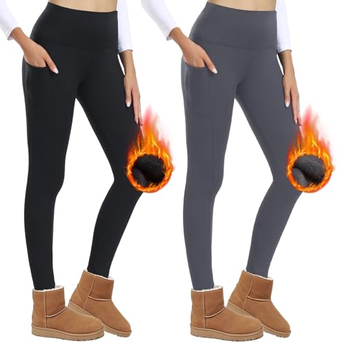 AMIYOYO 2er Pack Thermo Leggings Damen mit Taschen Gefütterte Leggins Winter High Waist Thermoleggings Fleece Thermohose Blickdicht Warm Strumpfhose von AMIYOYO