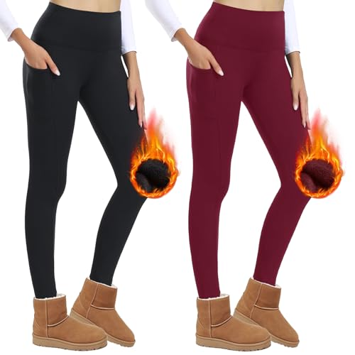 AMIYOYO 2er Pack Thermo Leggings Damen mit Taschen Gefütterte Leggins Winter High Waist Thermoleggings Fleece Thermohose Blickdicht Warm Strumpfhose von AMIYOYO