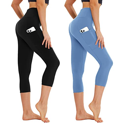 AMIYOYO Capri Leggings Damen mit Taschen 3/4 Sport Leggins High Waist Kurze Sporthose Blickdicht 7/8 Yoga Hose Dehnbar für Sommer Gym 2er Pack(Schwarz+Hellblau,L-XL=DE42-48) von AMIYOYO