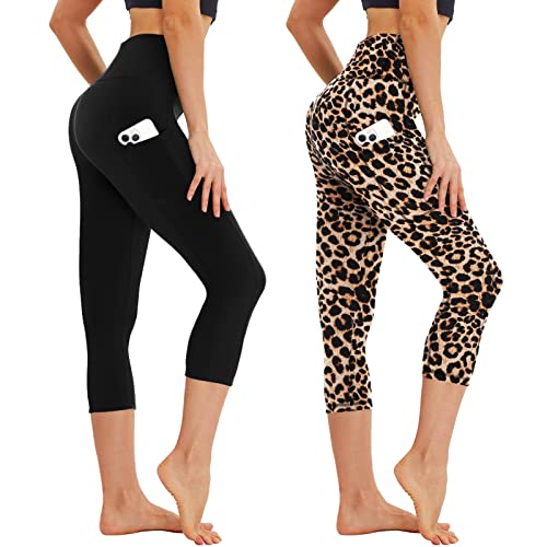 AMIYOYO Capri Leggings Damen mit Taschen 3/4 Sport Leggins High Waist Kurze Sporthose Blickdicht 7/8 Yoga Hose Dehnbar für Sommer Gym 2er Pack(Schwarz+Leopardenmuster,L-XL=DE42-48) von AMIYOYO