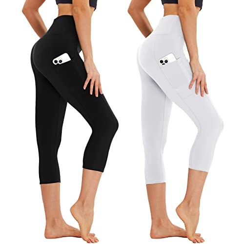 AMIYOYO Capri Leggings Damen mit Taschen 3/4 Sport Leggins High Waist Kurze Sporthose Blickdicht 7/8 Yoga Hose Dehnbar für Sommer Gym 2er Pack(Schwarz+Weiß,S-M=DE34-40) von AMIYOYO