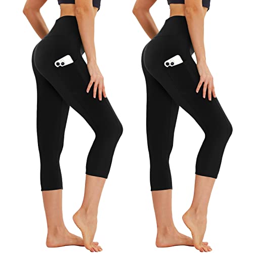 AMIYOYO Capri Leggings Damen mit Taschen 3/4 Sport Leggins High Waist Kurze Sporthose Blickdicht 7/8 Yoga Hose Dehnbar für Sommer Gym 2er Pack(Schwarz*2,S-M=DE34-40) von AMIYOYO