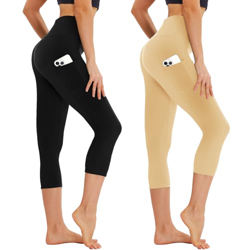 AMIYOYO Capri Leggings Damen mit Taschen 3/4 Sport Leggins High Waist Kurze Sporthose Blickdicht 7/8 Yoga Hose Dehnbar für Sommer Gym 2er Pack von AMIYOYO