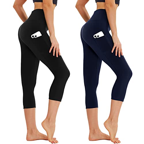 AMIYOYO Capri Leggings Damen mit Taschen 3/4 Sport Leggins High Waist Kurze Sporthose Blickdicht 7/8 Yoga Hose Dehnbar für Sommer Gym 2er Pack(Schwarz+Dunkelblau,S-M=DE34-40) von AMIYOYO