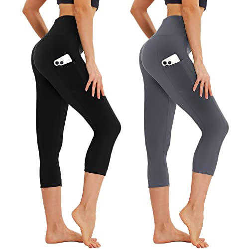 AMIYOYO Capri Leggings Damen mit Taschen 3/4 Sport Leggins High Waist Kurze Sporthose Blickdicht 7/8 Yoga Hose Dehnbar für Sommer Gym 2er Pack(Schwarz+Dunkelgrau,S-M=DE34-40) von AMIYOYO