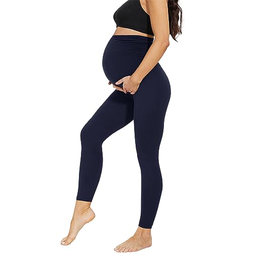 AMIYOYO Damen Umstandsleggings High Waist Schwangerschaftsleggings Blickdicht Umstandshose Freizeithose Stretch Umstandsmode für Schwangere Lang(Dunkelblau,L) von AMIYOYO