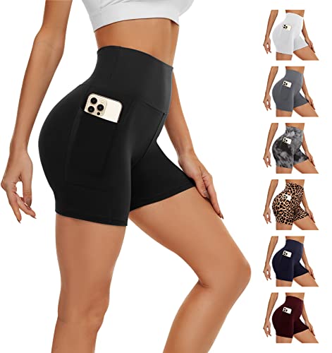 AMIYOYO Kurze Sporthose Damen mit Handytasche High Waist Radlerhose Blickdicht Sport Shorts Kurze Leggings Bauchweg Unterhosen Yoga Gym für Sommer(A-Schwarz,L-XL=DE42-48) von AMIYOYO