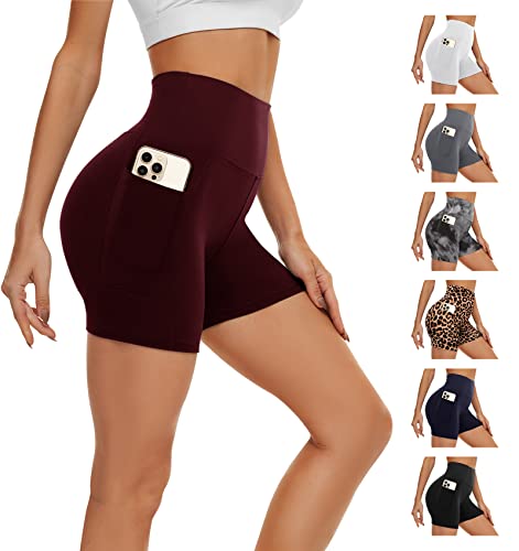 AMIYOYO Kurze Sporthose Damen mit Handytasche High Waist Radlerhose Blickdicht Sport Shorts Kurze Leggings Bauchweg Unterhosen Yoga Gym für Sommer(Weinrot,S-M=DE34-40) von AMIYOYO