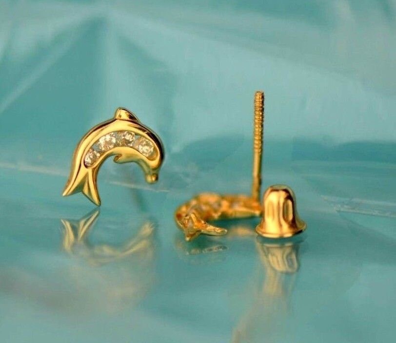 14K Gelb Gold Cz Delfin Ohrstecker Mit Schraubverschluss von AMJEWELRYNYC