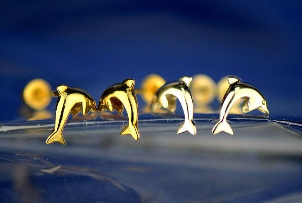 14K Gelb Oder Weißgold Delfin Ohrstecker Mit Schraubverschluss von AMJEWELRYNYC