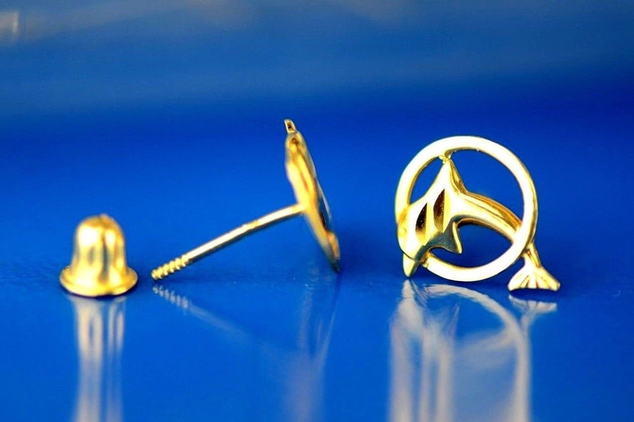 14K Gelbgold Delfin Ohrstecker Mit Schraubverschluss von AMJEWELRYNYC