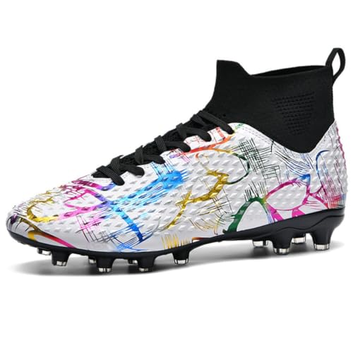 Fussballschuhe Graffiti Fußballschuhe AG Nocken Hohe Knöchelschuhe Jugendliche Kunstrasen fußball Schuhe Herren/Frauen-Einzigartiges Art Design, Hohe Traktion & Komfort für Wettkampf Weiß 33 EU von AMLCWZ