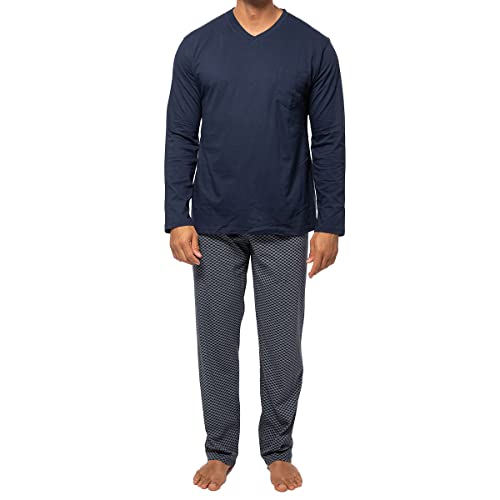 AMMANN Herren Schlafanzug Lang Organic Cotton, Pyjama Herren Lang aus GOTS Zertifizierter Bio-Baumwolle, V-Ausschnitt, Bindeband am Hosenbund, Zeitloses Design in 3XL Blau Gemustert von AMMANN