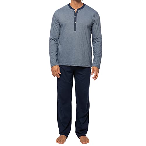 AMMANN Herren Schlafanzug Lang Organic Cotton, Pyjama Herren Lang aus GOTS Zertifizierter Bio-Baumwolle, V-Ausschnitt, Bindeband am Hosenbund, Zeitloses Design in L Blau Geringelt von AMMANN