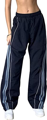 Damen Fallschirmhose Baggy Cargohose Y2K Trainingshose Teenager Mädchen Elastische Taille Breites Bein Jogginghose Oversize Lose 90er Jahre E-Girl Streetwear Fallschirmhose (Color : Blau, Size : S) von AMMFIT