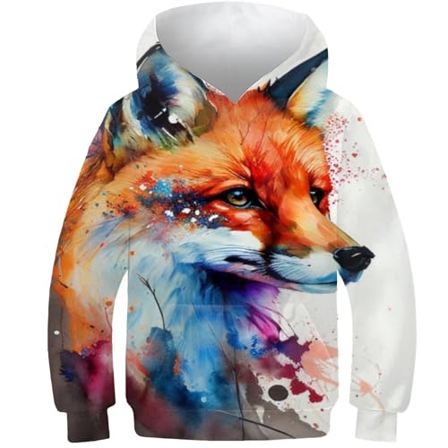 AMNOOL 3D Jungen Hoody Fuchs Tier Aquarell Pullover Mode Kapuzenpullover Herbst Langarm Sweatshirts halten warme Kleidung 10–12 Jahre von AMNOOL