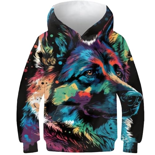 AMNOOL Jungen-Sweatshirt im Deutschen Schäferhund-Stil langärmelig 3D-Druck Pullover lässiger Pullover Sweatshirts Oberbekleidung mit Tasche 9–11 Jahre von AMNOOL