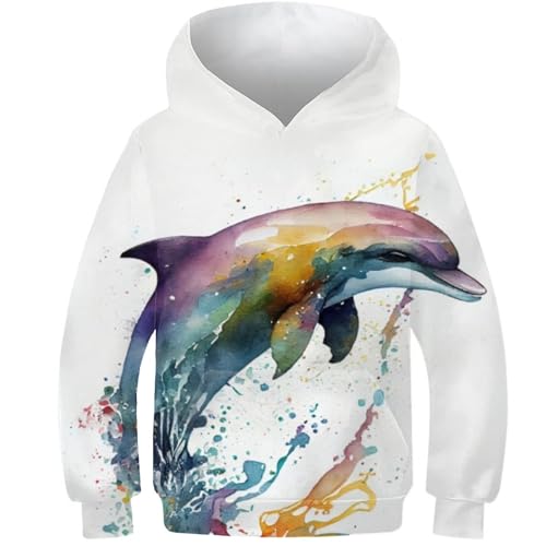 AMNOOL Kinder Delphin Aquarell Hoodie Jungen und Mädchen 3D Druck Sweatshirt Mode Lose Langarm Frühling Herbst Pullover 6-7Y von AMNOOL
