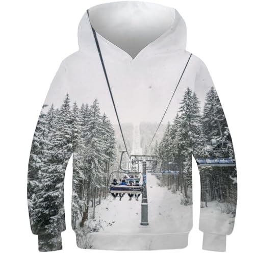 AMNOOL Seilbahn im Winterwald Hoodies Mode Lässige Hoodies Männer Frauen Kinder Langarm 3D-Druck Sweatshirts Junge Mädchen Kinder Pullover Tops 10–12 Jahre von AMNOOL