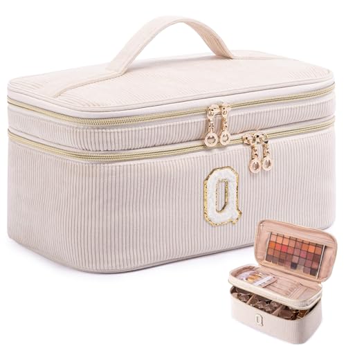 AMOIGEE Große Make-up-Tasche, Reise-Make-up-Tasche, Organizer, doppellagig, Zugkoffer, Make-up-Tasche, Kulturbeutel für Make-up-Pinsel, Flaschen in voller Größe, Palettenschwamm, Kosmetik-Organizer von AMOIGEE
